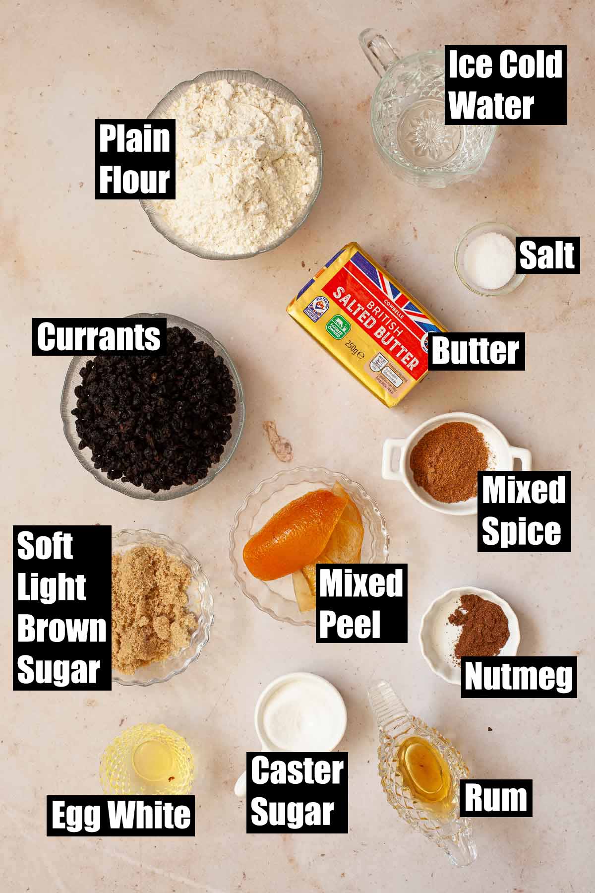 Labelled ingredients for Banbury cakes.