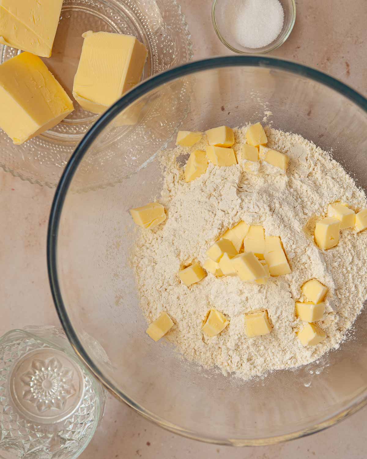 Flour and butter in a mixing bowl.