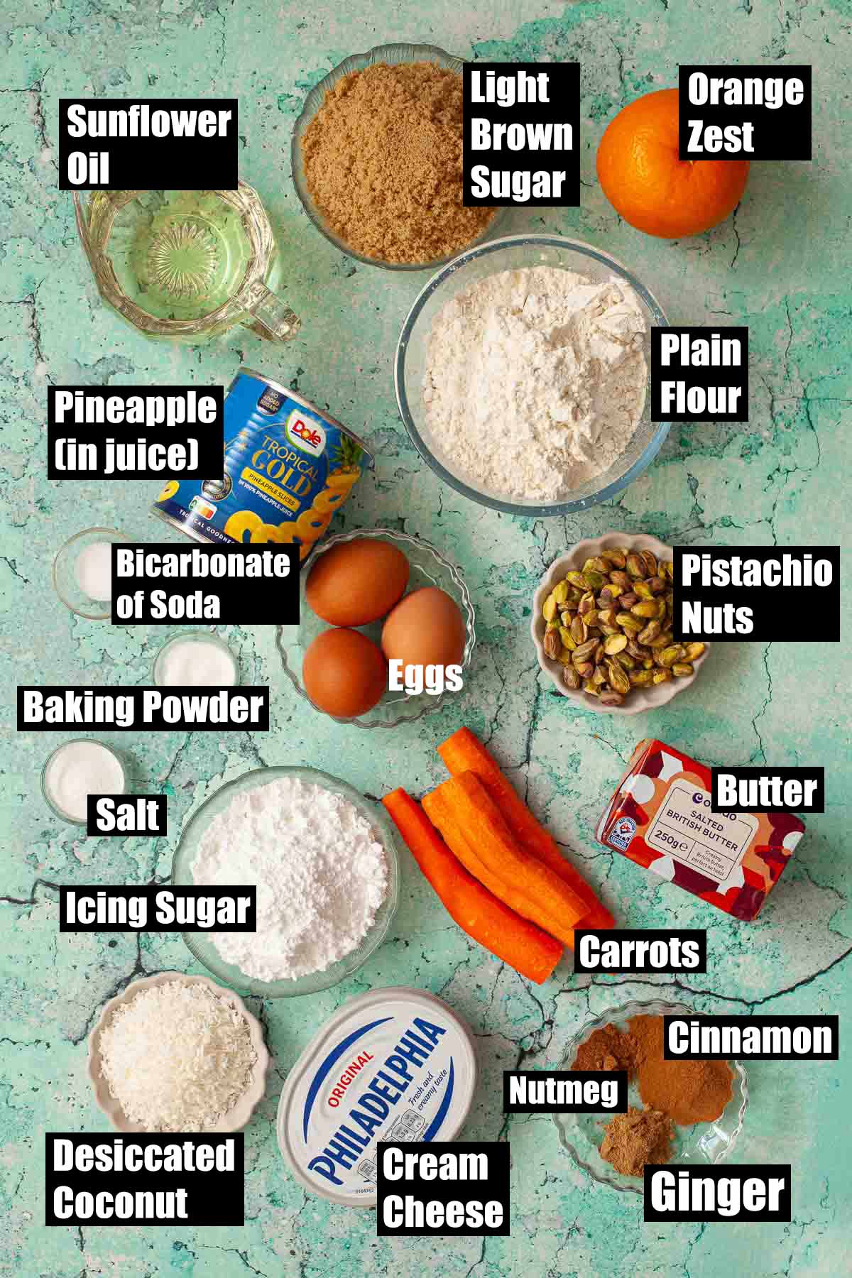 Labelled ingredients for carrot, pineapple and coconut cake.