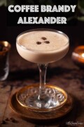 Labelled coffee Alexander after dinner cocktail granished with nutmeg and coffee beans.
