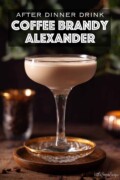 A creamy brandy cocktail in a dark setting with text overlay.
