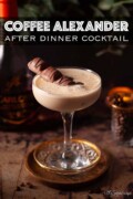 Labelled creamy after dinner cocktail garnished with a stick of chocolate.