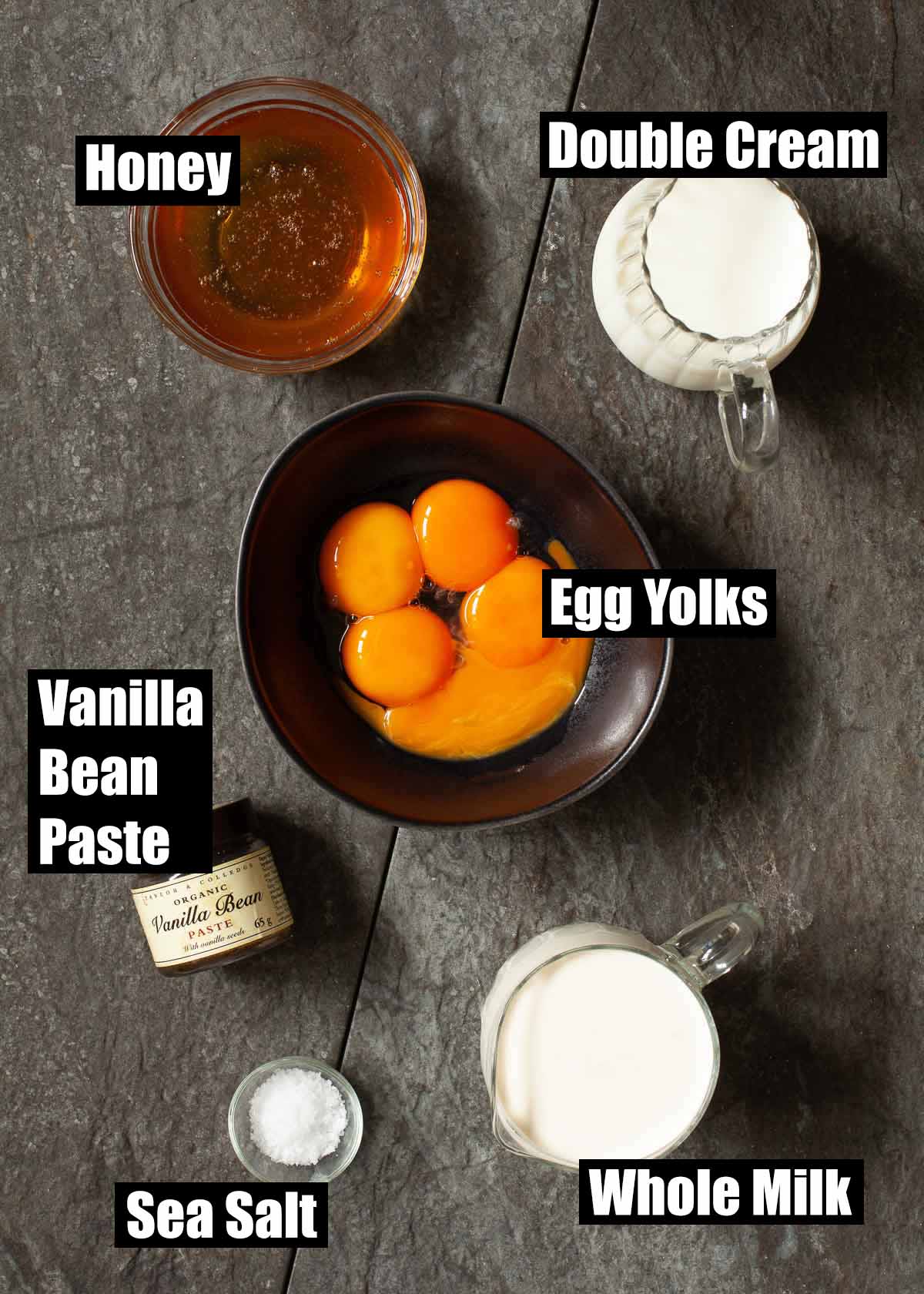Labelled ingredients for honey ice cream with sea salt.