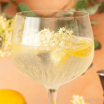 Elderflower gin & tonic garnished with lemon wedges and elderflowers.