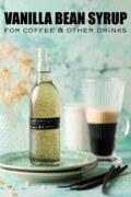 A bottle of vanilla bean syrup with vanilla pods and coffee alongside with text overlay.
