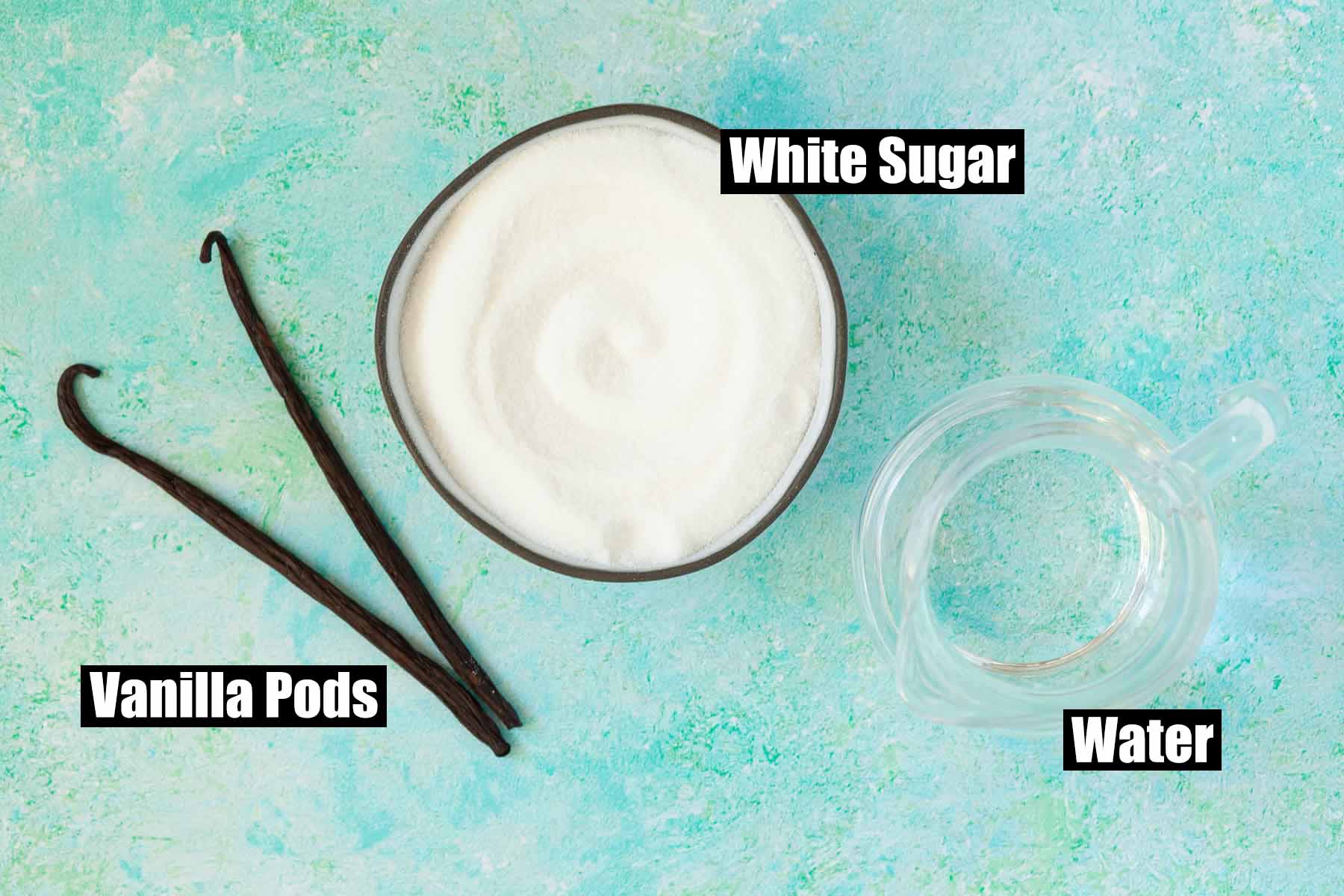 Labelled ingredients for vanilla bean simple syrup.