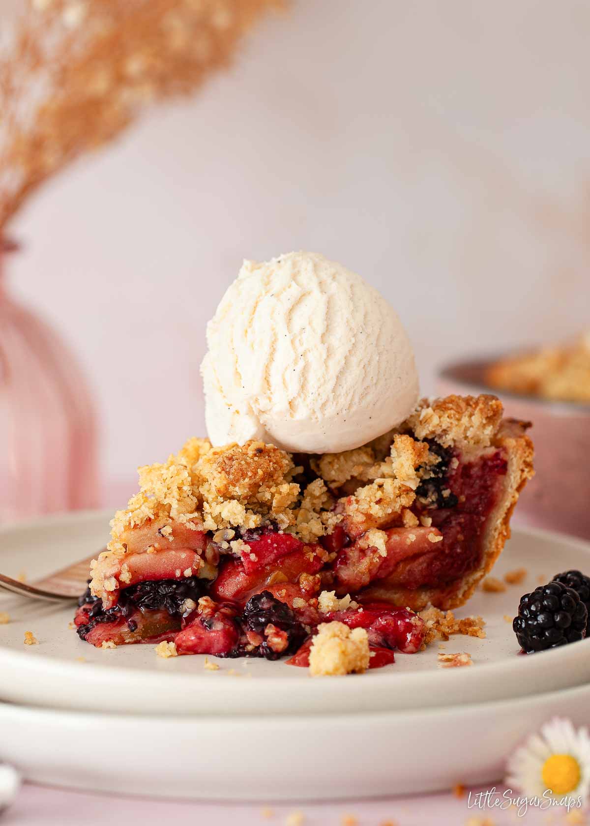 A slice and apple and blackberry pie with a ball of vanilla ice cream on top.