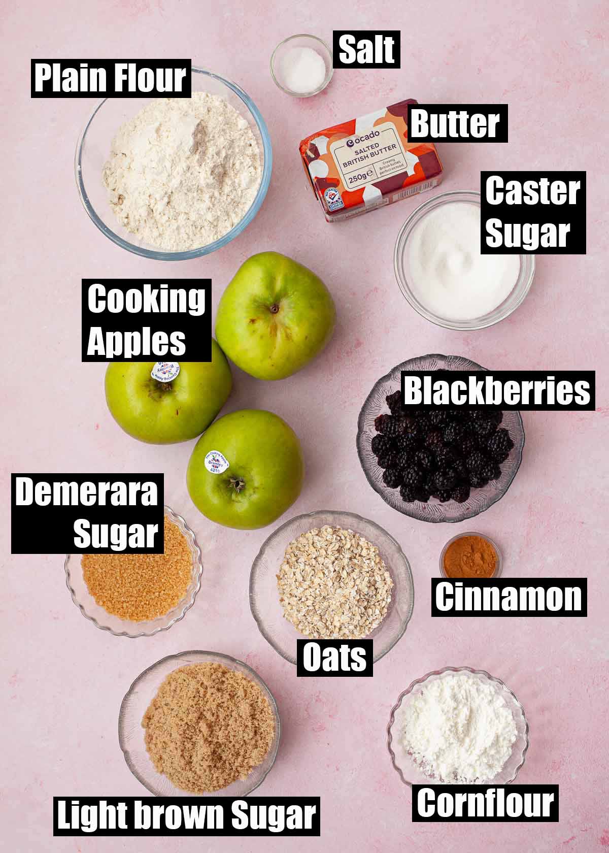 Labelled ingredients for apple and blackberry crumble pie.