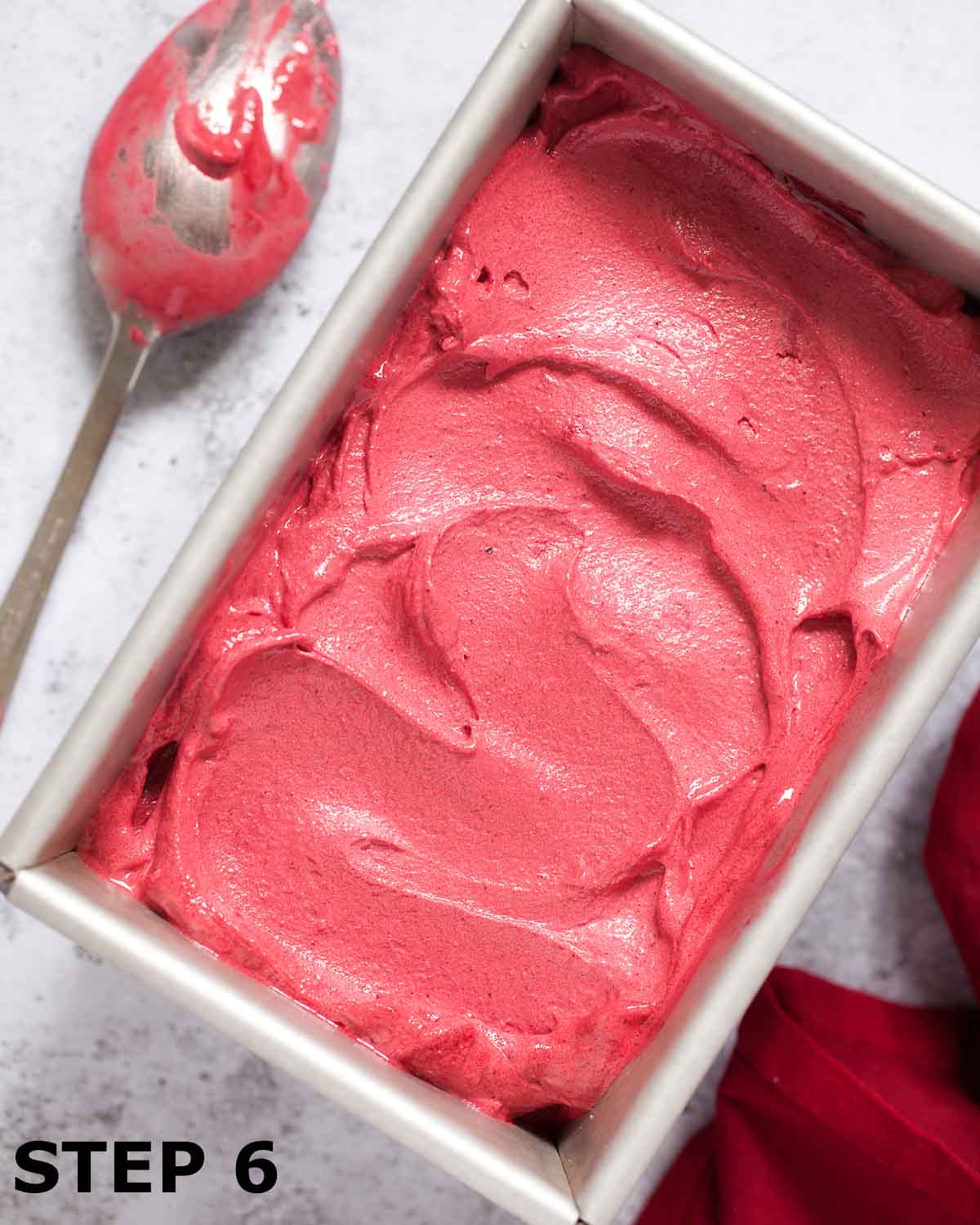 Blackcurrant sorbet in a loaf tin.