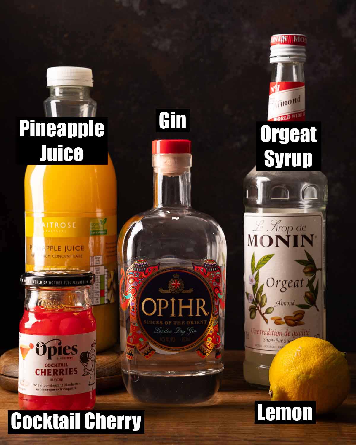 Labelled ingredients for Royal Hawaiian cocktail.