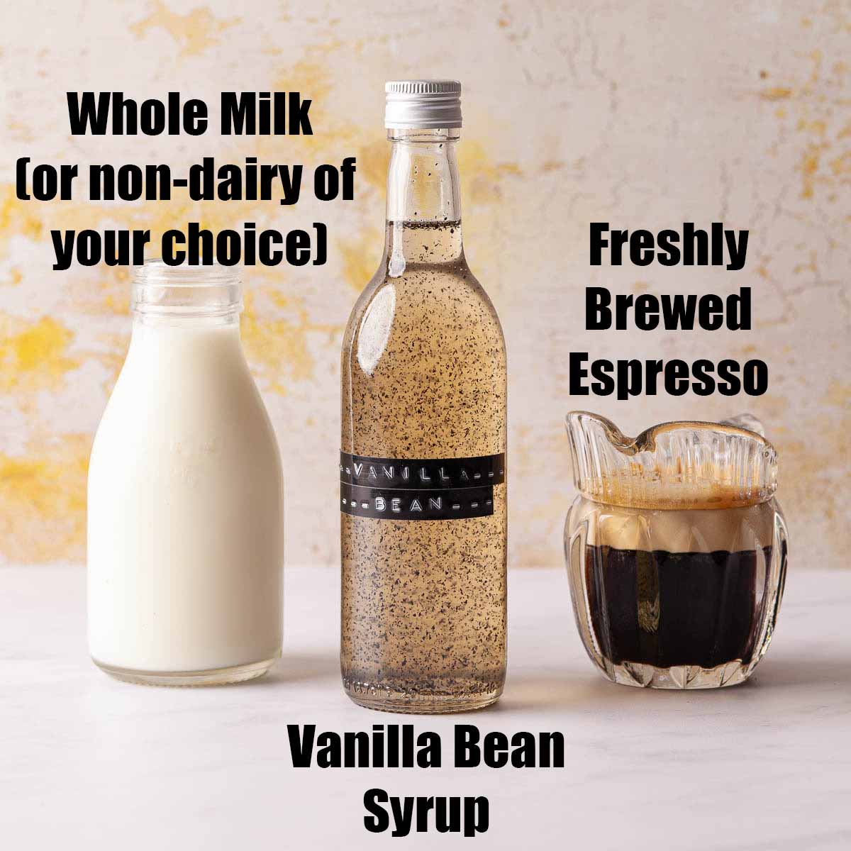 Labelled ingredients for a vanilla bean latte.