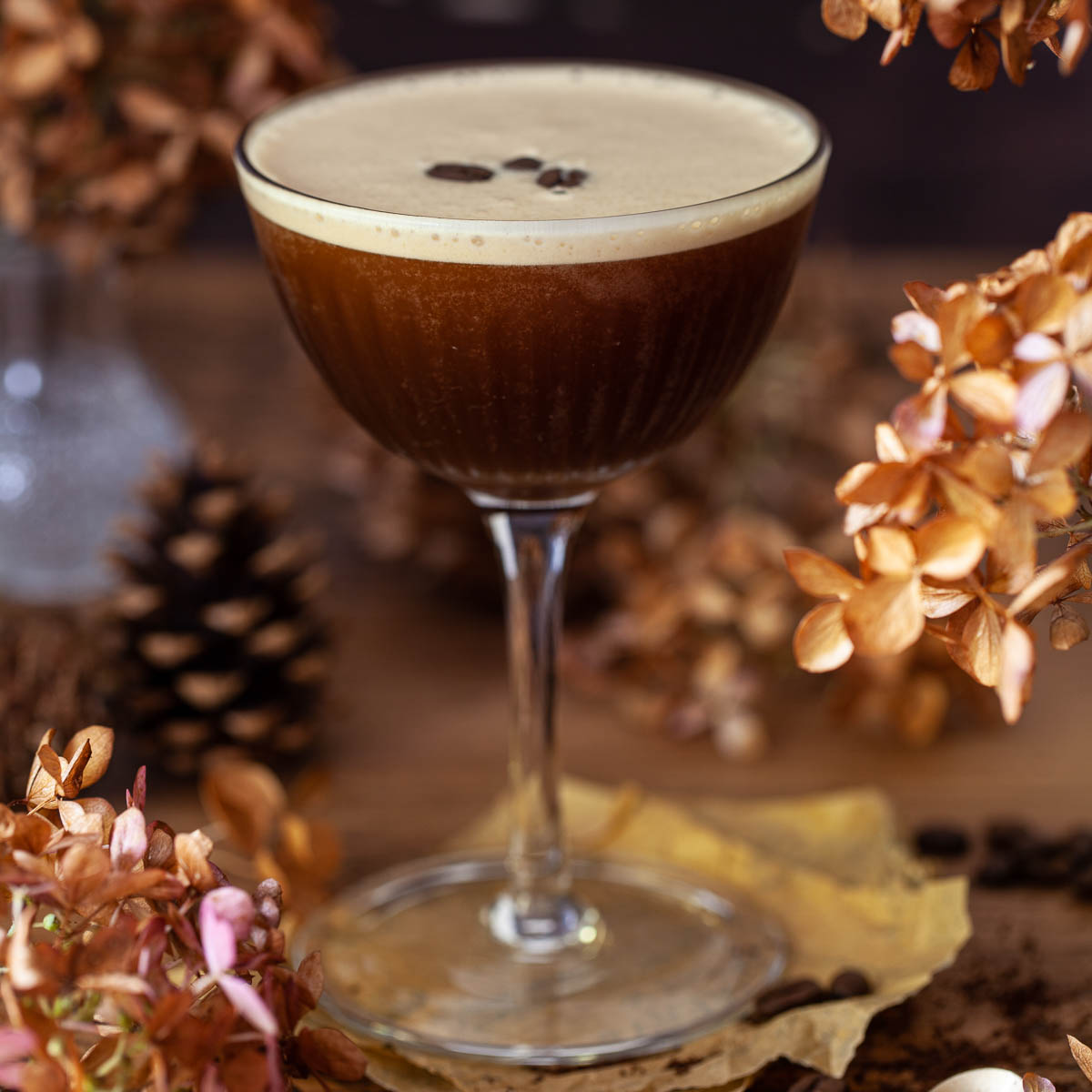 Chilli espresso martini garnished with coffee beans in an autumnal setting.