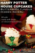 Labelled Harry Potter house cupcakes with coloured centre revealed.
