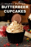Labelled harry Potter themed cupcake with butterbeer buttercream, chocolate coin and sprinkles.