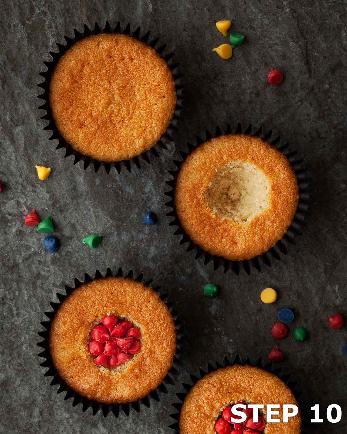Harry Potter house cupcakes being filled with coloured Candy Melt drops