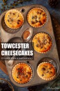 Labelled Towcester cheesecakes in a vintage baking tin.