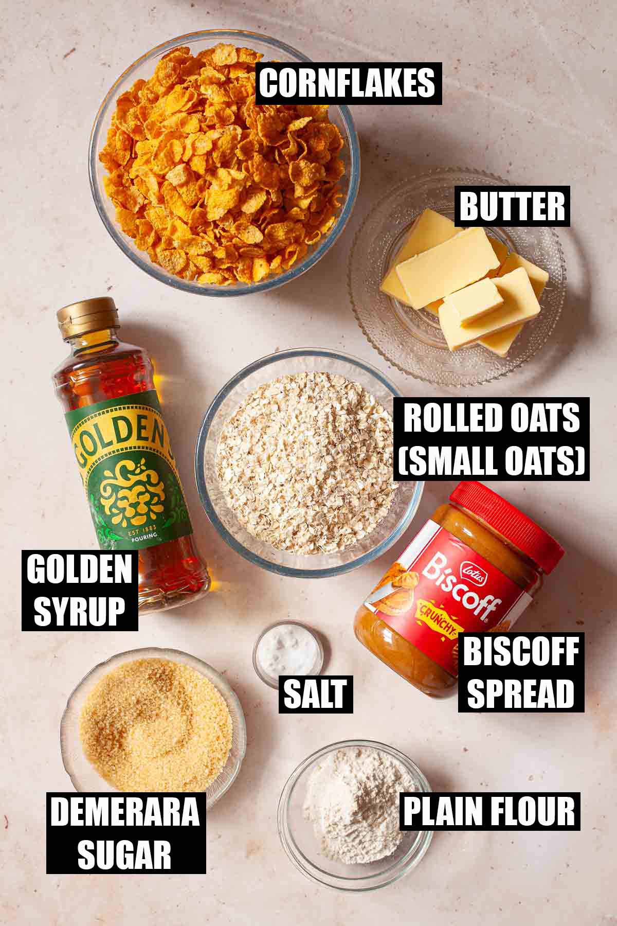 Labelled ingredients for cornflake flapjack with Biscoff spread.