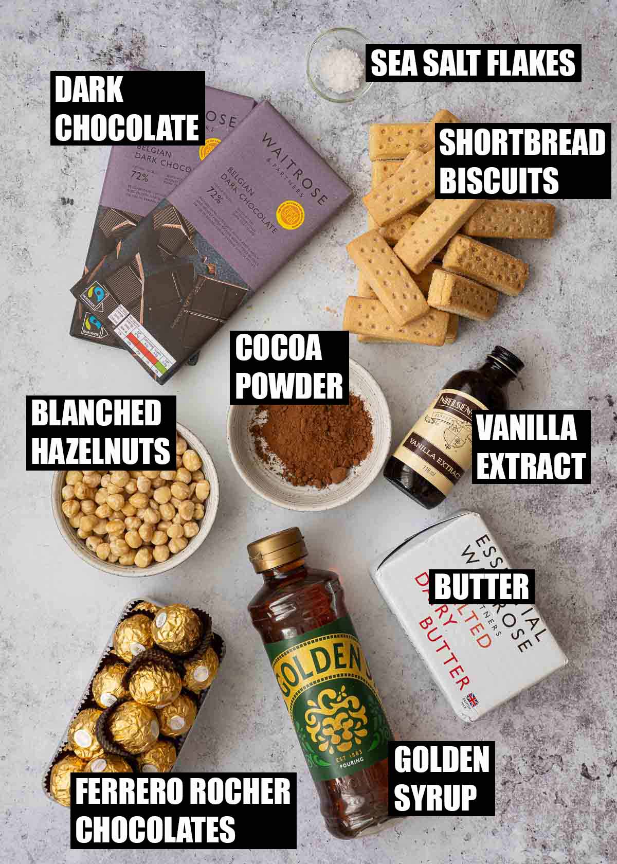 Labelled ingredients for chocolate tiffin cake with Ferrero Rocher chocolates.