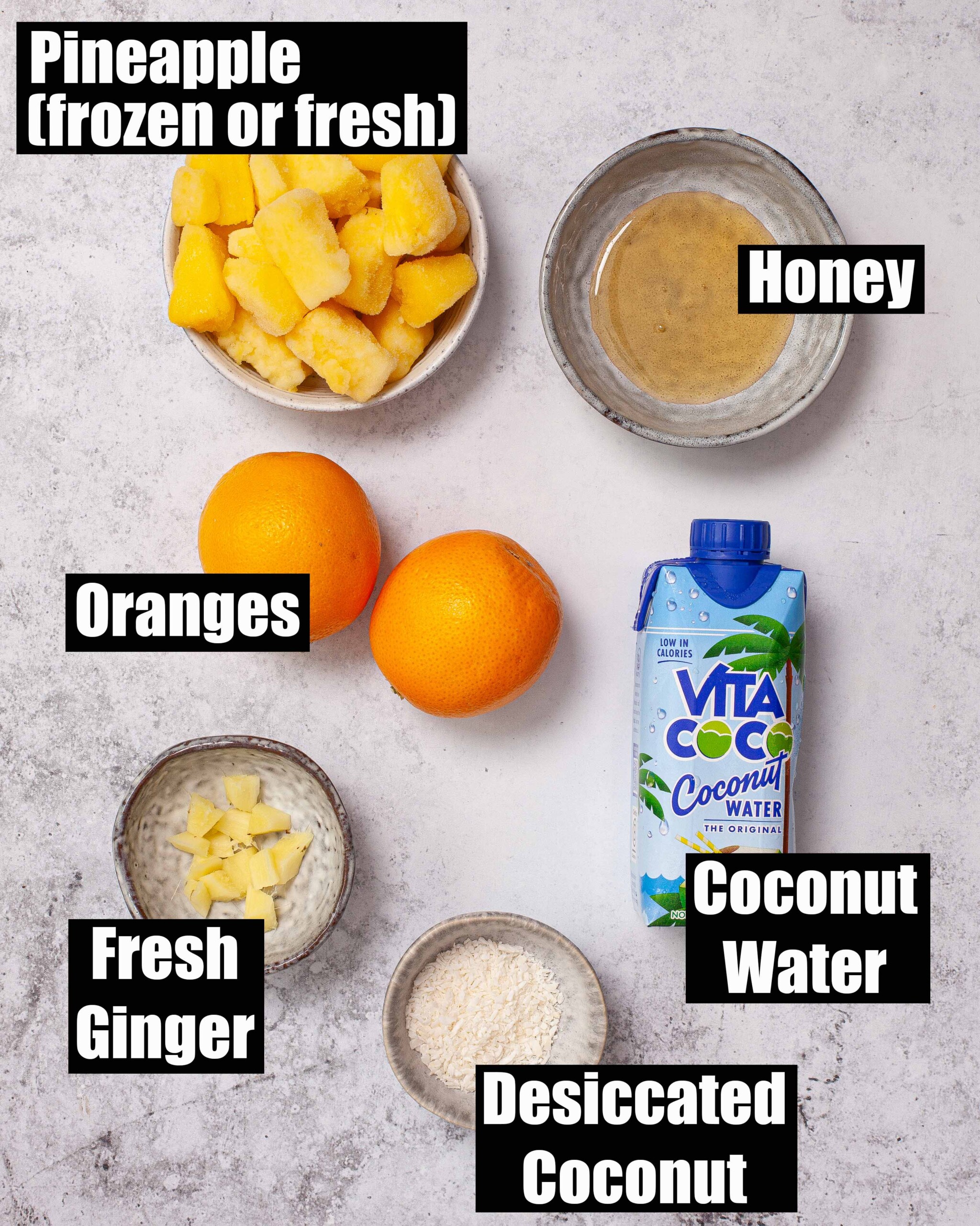 Labelled ingredients for ginger and pineapple smoothie without banana.