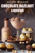 Chocolate liqueur drink in a vintage glass garnished with Ferrero Rocher chocolates with text overlay.