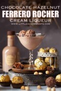 Chocolate liqueur drink in a vintage glass garnished with Ferrero Rocher chocolates with text overlay.