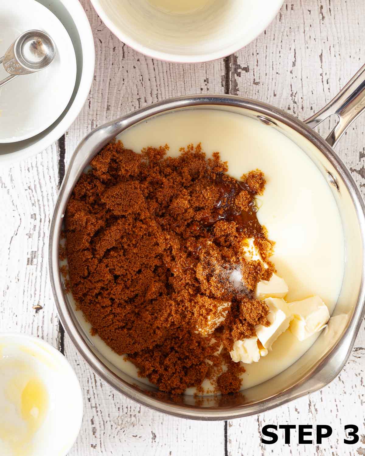 Ingredients for caramel in a saucepan prior to cooking.