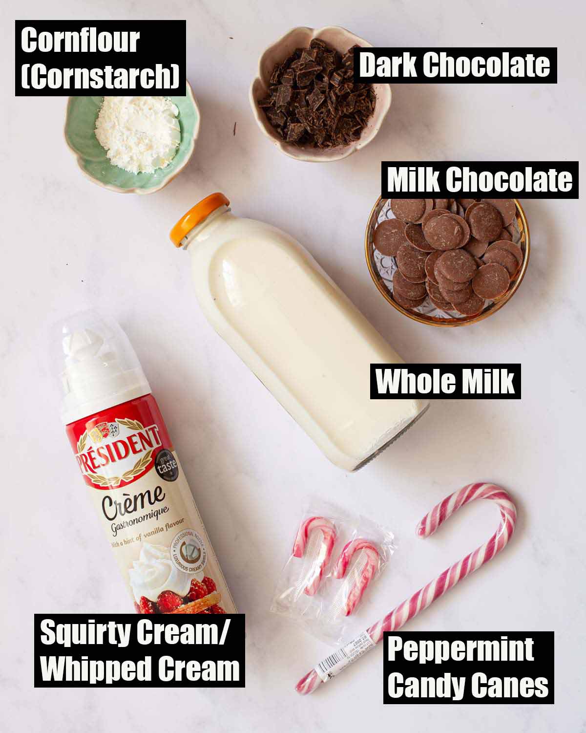 Labelled ingredients for candy cane hot chocolate