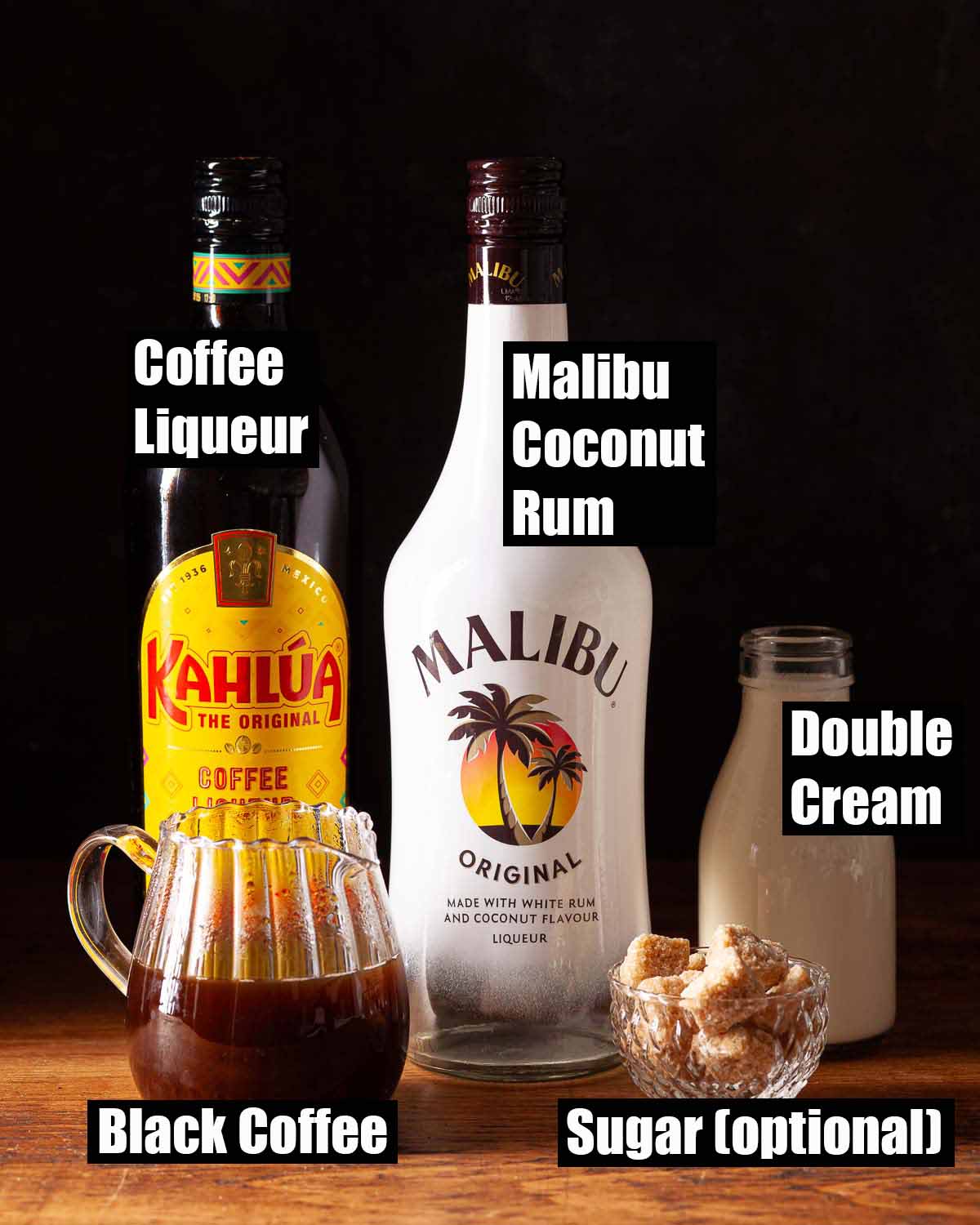 Labelled ingredients for a Malibu and coffee drink.