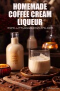 Homemade coffee liqueur in a glass with ice and a full bottle alongside with text overlay.