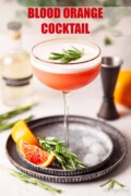 Labelled blood orange gin cocktail with egg white foam and rosemary garnish.