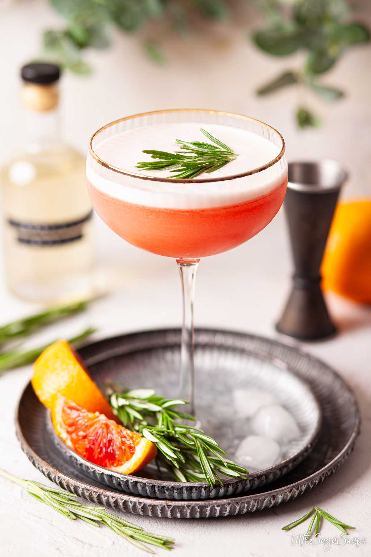 A blood orange cocktail garnished with fresh rosemary with blood orange segments and rosemary on a plate.