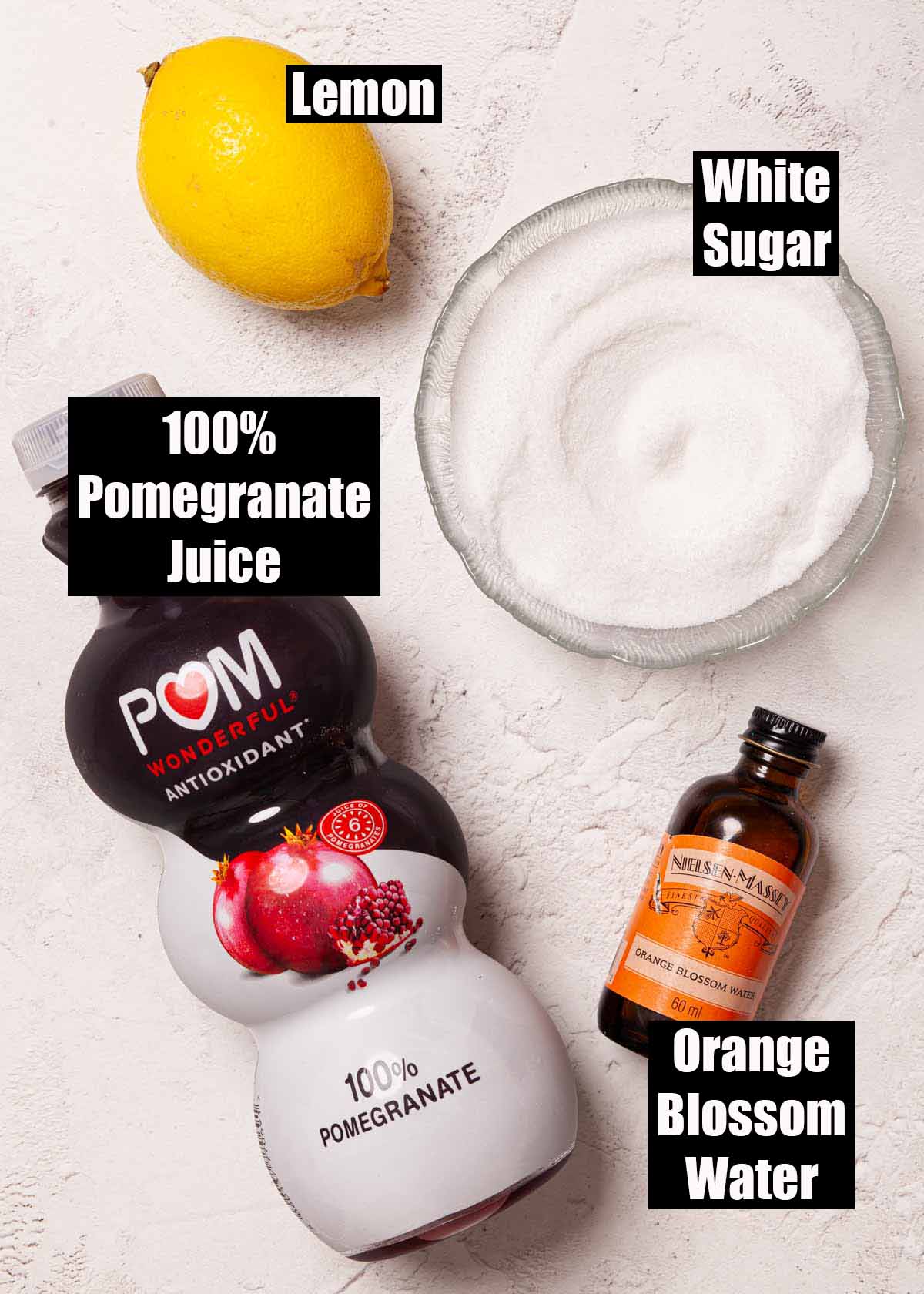 Labelled ingredients for pomegranate syrup.