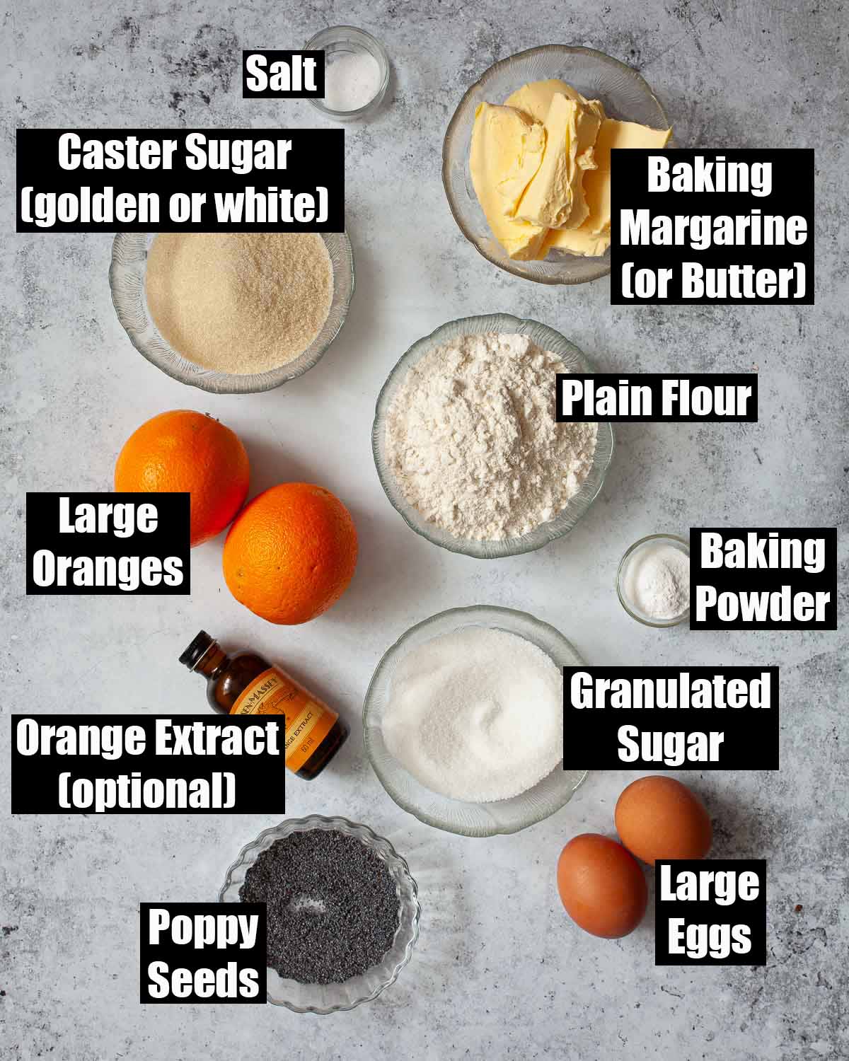 Labelled ingredients for an orange and poppy seeds cake.