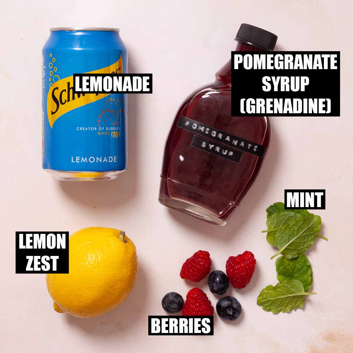 Labelled ingredients for a pomegranate mocktail.
