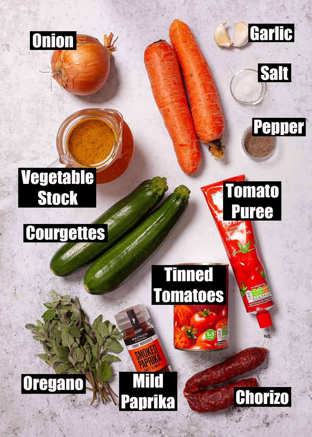 Labelled ingredients for carrot and tomato soup.