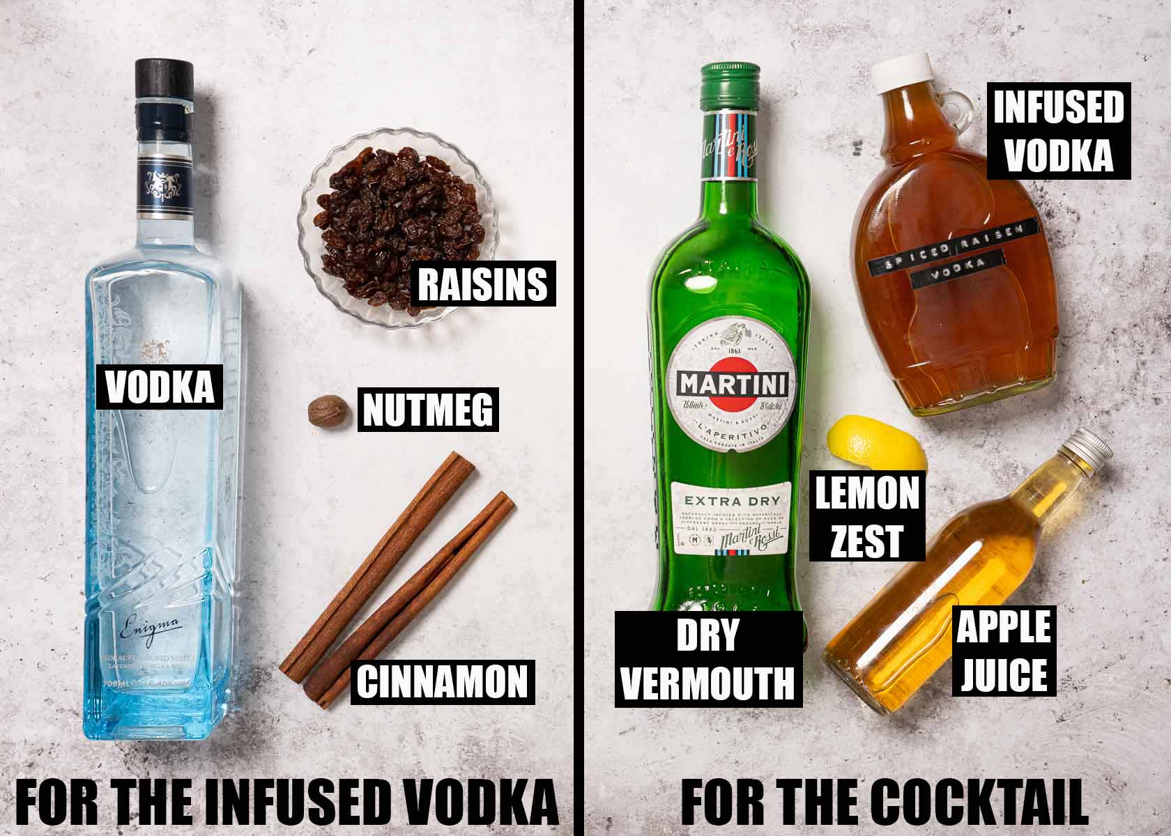 Labelled ingredients for hot cross bun vodka and an Easter cocktail.