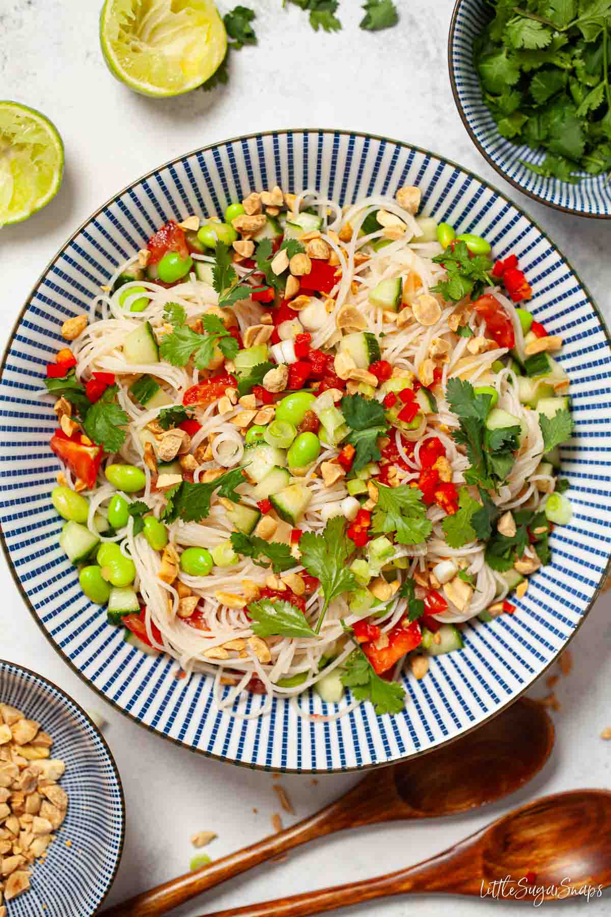 Thai peanut noodle salad with cucumber, tomato, edamame beans and red chilli in bowls.