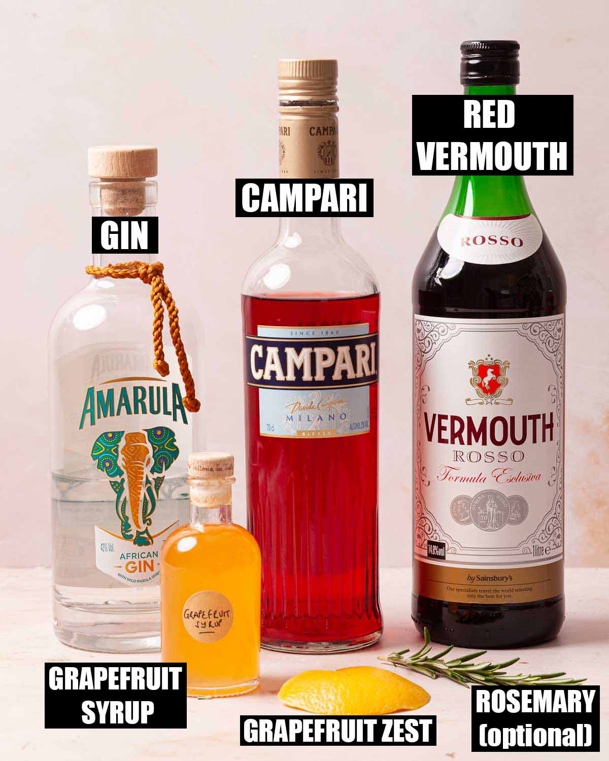 Labelled ingredients for a grapefruit and gin cocktail.
