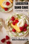 Cornflour cake served with whipped cream and raspberries on green plates with text overlay.
