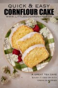 Three slices of iced Leicester sand cake on a plate with flowers and raspberries with text overlay.
