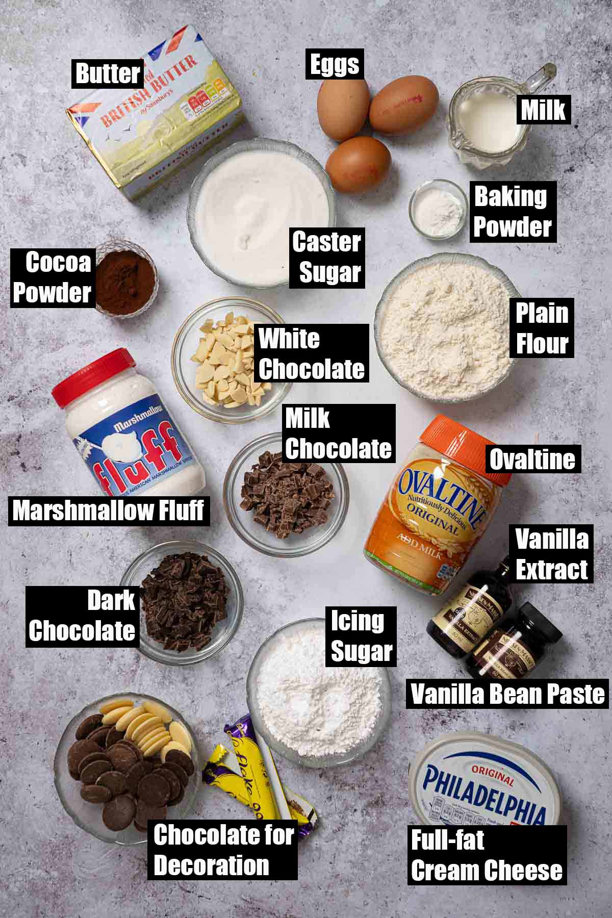 Labelled ingredients for a three layer cake with white, milk and dark chocolate layers.