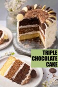 Labelled three layer cake featuring white, milk and dark chocolate layers. Slices are cut an on plates.
