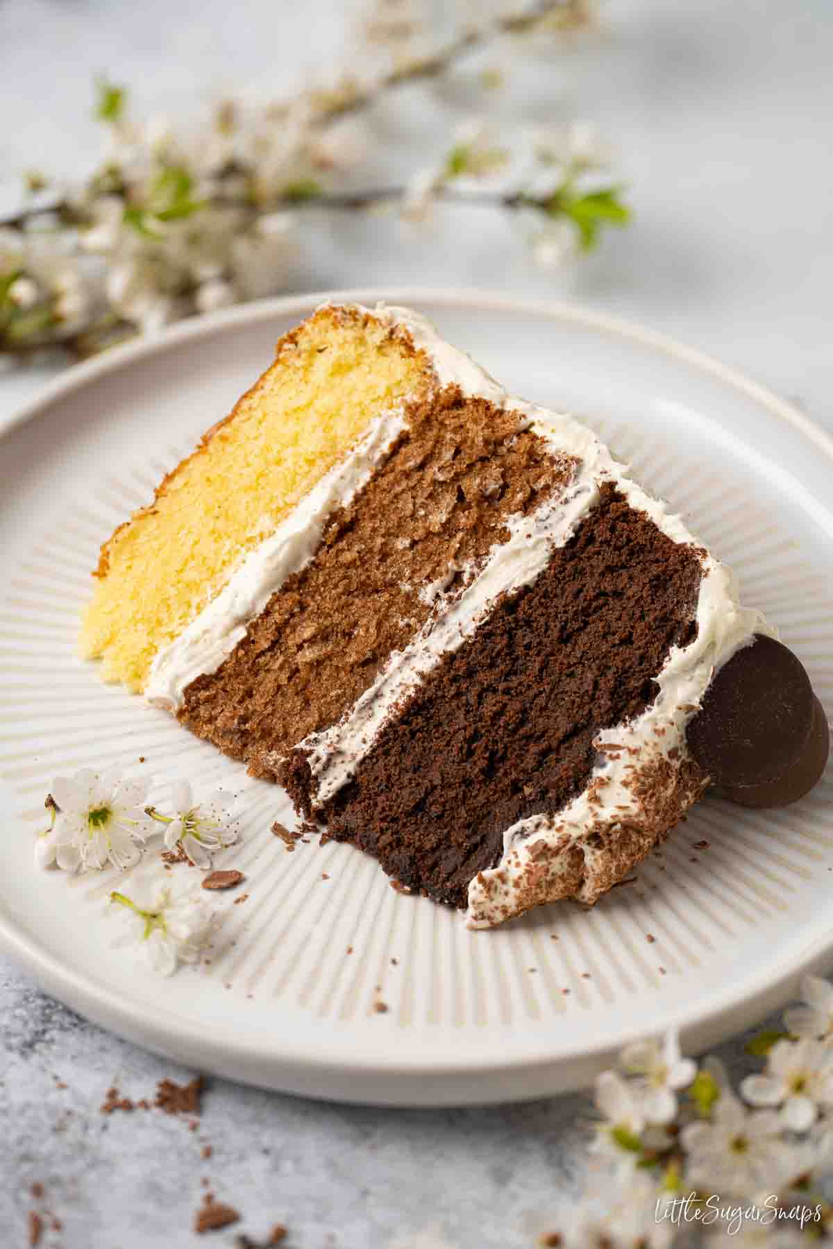 A slice of three layer chocolate cake on a plate with white, milk and dark chocolate layers.