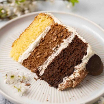 A slice of three layer chocolate cake on a plate with white, milk and dark chocolate layers.