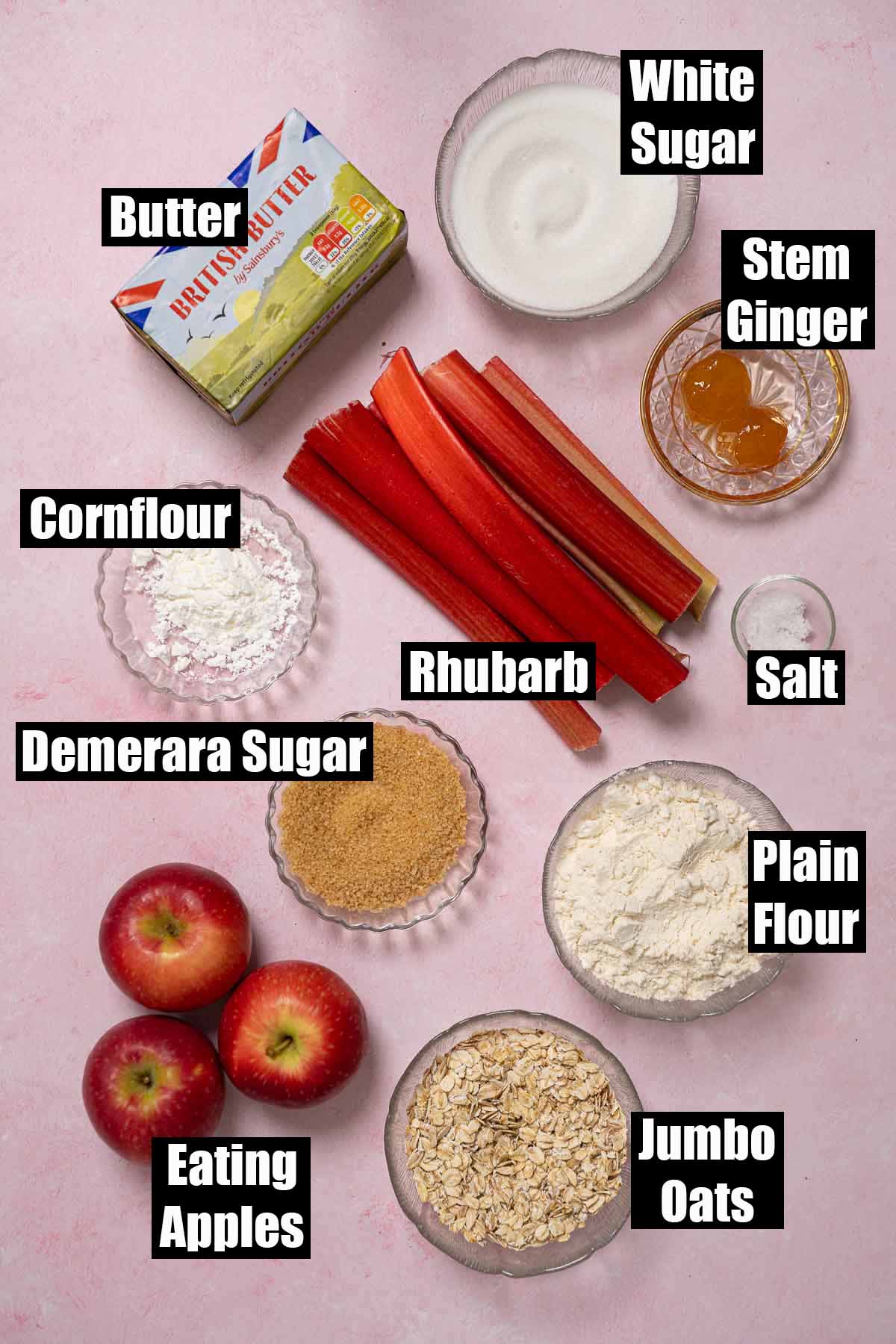 Labelled ingredients for apple and rhubarb crumble with stem ginger.