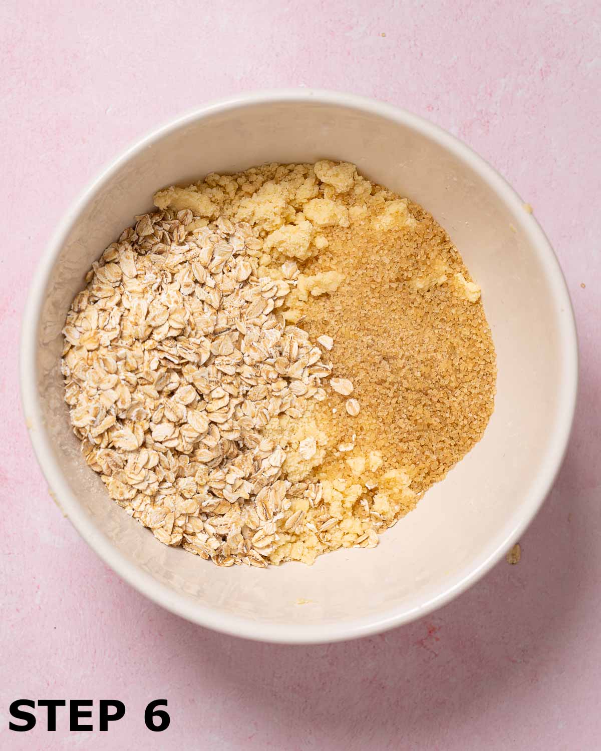 Crumble topping, Demerara Sugar and oats in a mixing bowl.