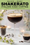 Italian iced coffee in a cocktail glass with frothy top and coffee bean garnish with text overlay.