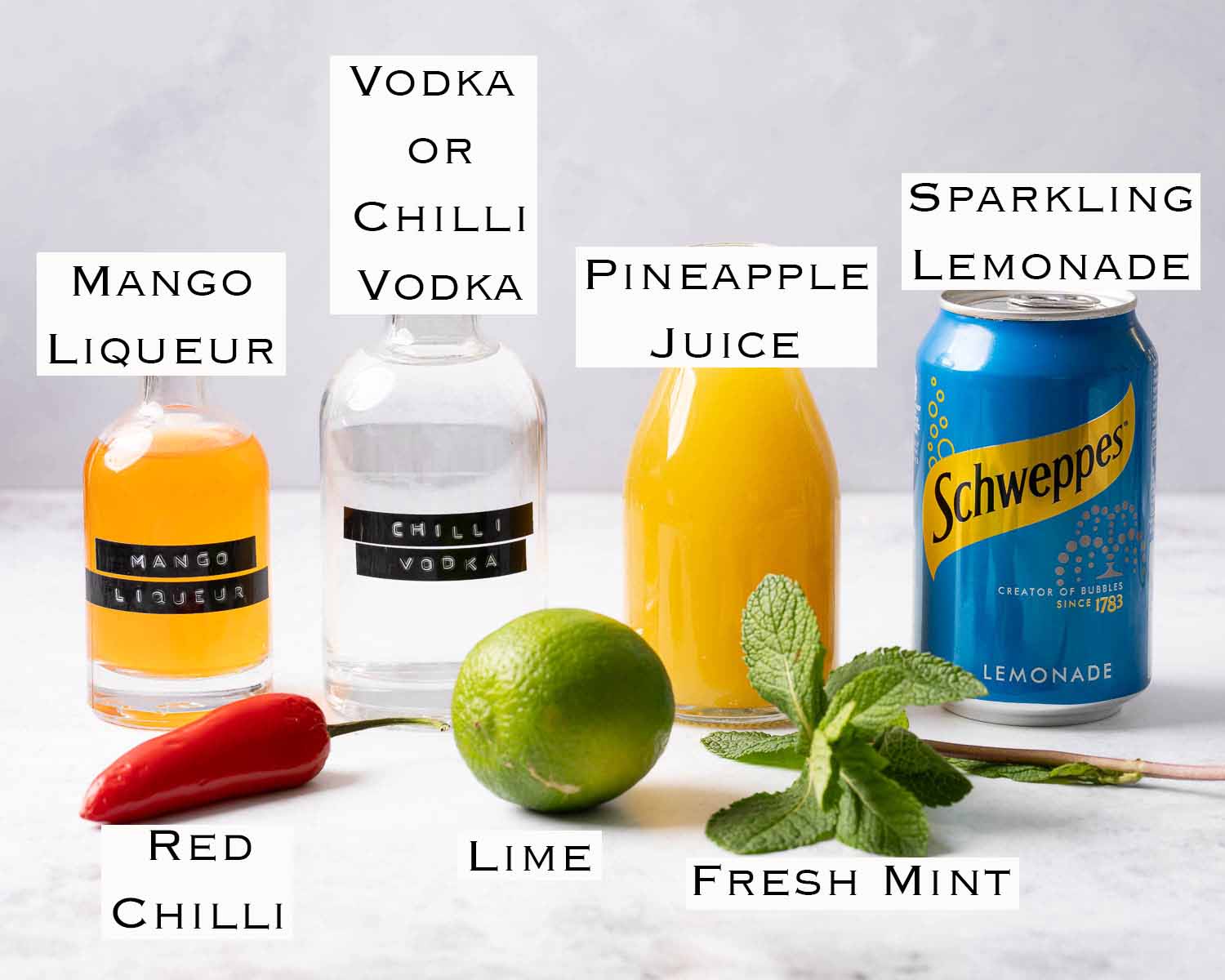 Labelled ingredients for mango punch.