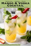 Two mango and vodka cocktails with mint, lime and red chilli garnishes with text overlay.