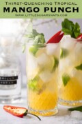 Two mango punch cocktails served in highball glasses with mint, lime and chilli garnish with text overlay.